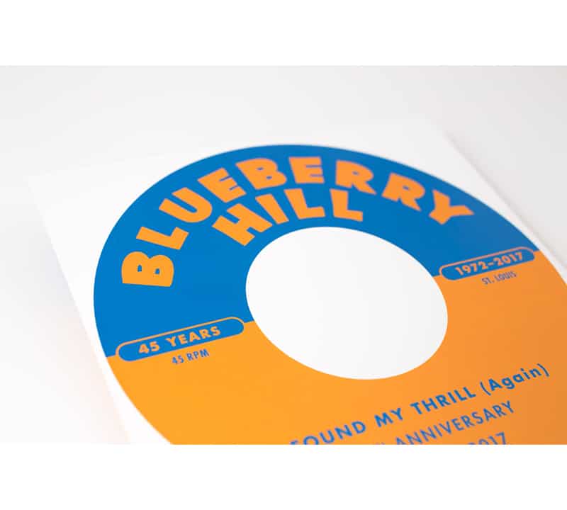 Blue and hot orange invitation to Blueberry Hill's 45th Anniversary Party. The graphic looks like the label of an old 45rpm record. Blueberry Hill is in orange on blue on the top half and the information about the party is on the bottom half in blue ink on top of orange.
