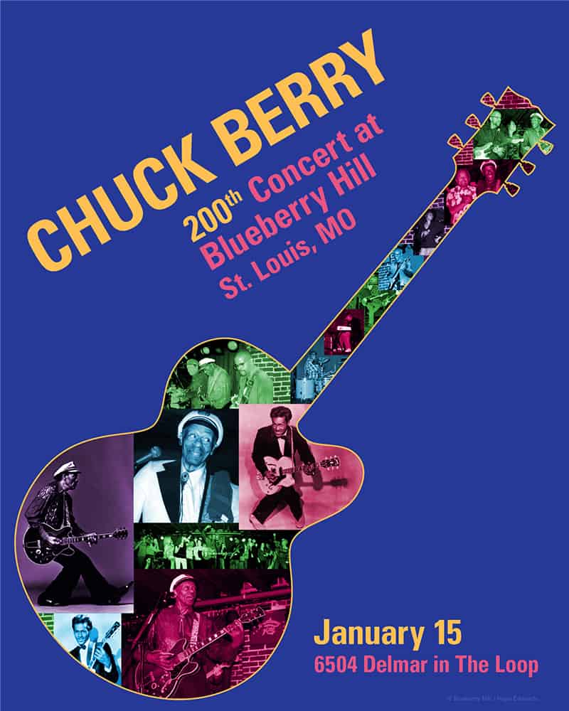 A poster commemorating the 200th monthly concert of rock and roll legend Chuck Berry at Blueberry Hill Restaurant & Music Club. The text is in yellow and magenta and the shape of a guitar is filled with photos from the past 200 concerts.