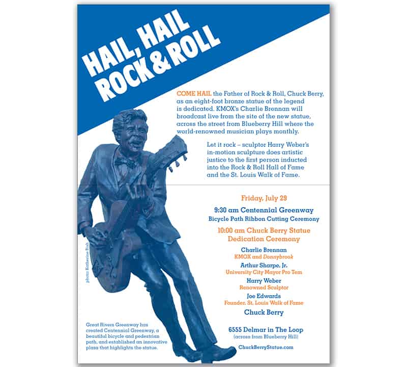 An invitation featuring a blue photo of the statue of Chuck Berry holding his guitar. The top says "Hail, Hail Rock & Roll" and the details give background info as well as the location and date information.
