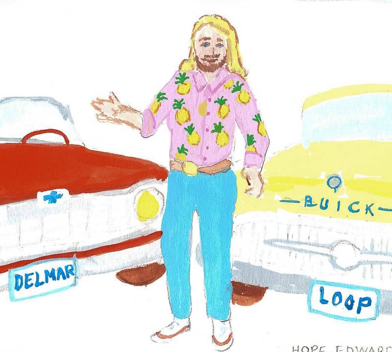 Hand-painted gouache and watercolor portrait of St. Louisan Joe Edwards with his two vintage cars, a red '64 chevy convertible and a cream '57 Buick. He has long yellow hair and a beard and is wearing a pink shirt with pineapples on it, jeans, and white Converse sneakers.