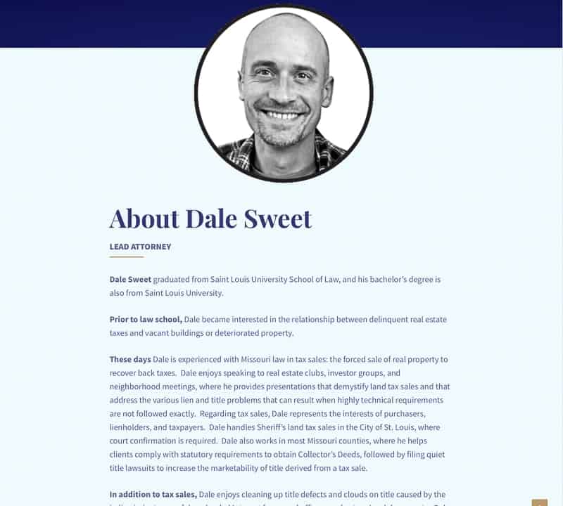 There is a circular black and white photo of a man who is the head lawyer for the firm. Below that is a heading "About Dale Sweet" and a bio. Navy blue text on a pale blue background with gold accents.