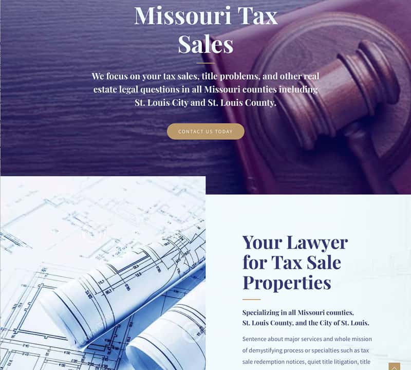 Image of website for a law firm with a photo of a gavel with a navy blue overlay and white text and gold buttons. There is another photo of some architectural plans and some text in navy.