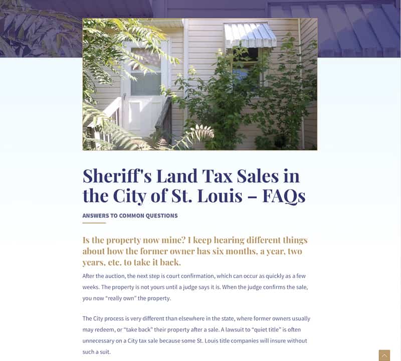 A page about Sheriff's Land Tax Sales with FAQs. There is a photo of a property with overgrown green brush.
