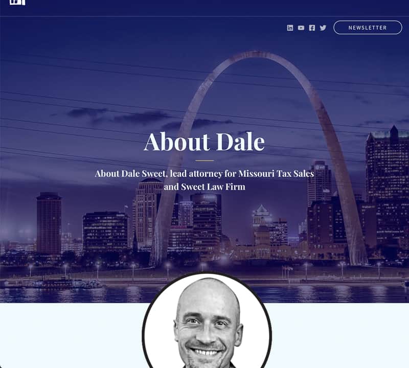 A page About Dale, the head lawyer of the firm with white text on top of a photo of the Arch in St. Louis. The photo is overlaid with navy. There is a circular black and white photo of a man who is the head lawyer for the firm.