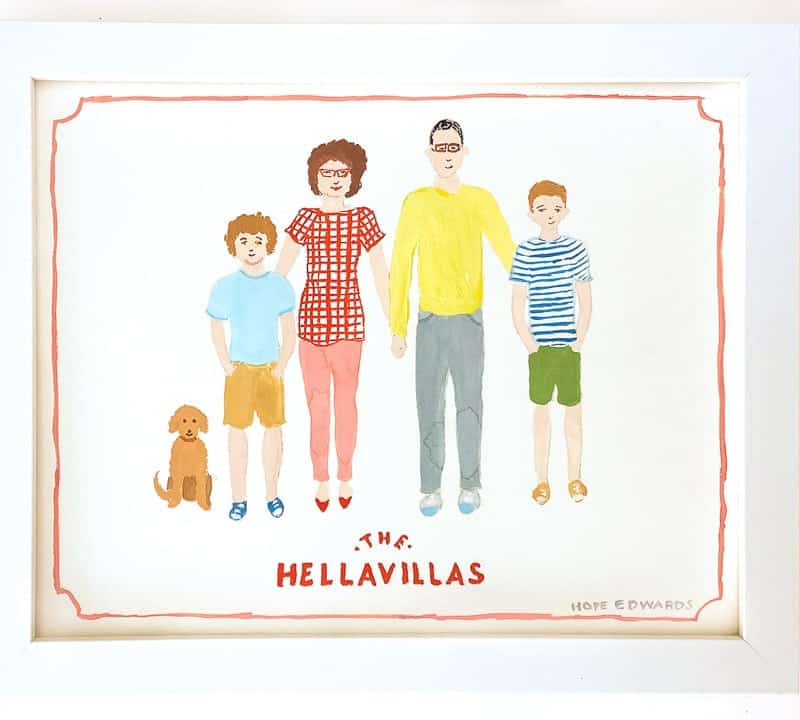 A colorful small painting of a family with two parents, two kids, and a dog. The family portrait painting is in a white frame.