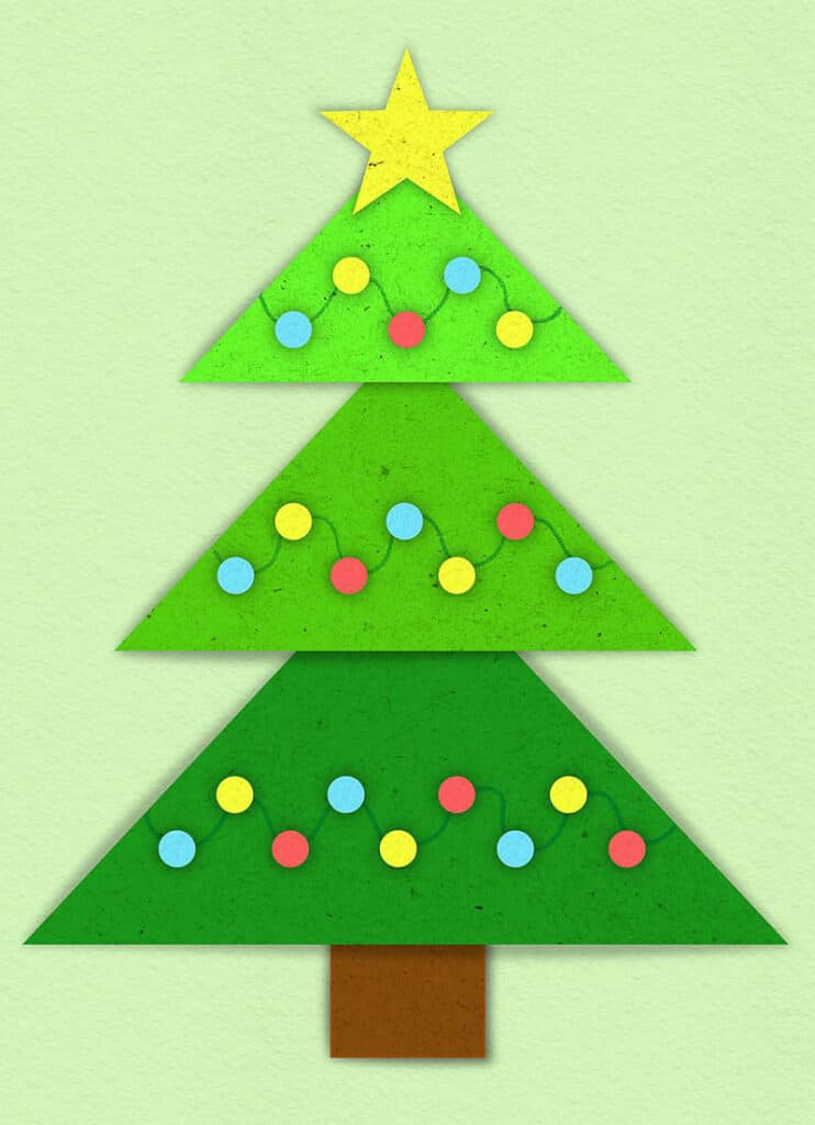 Image of a Christmas tree made out of three green geometric triangles stacked on top of each other for the leaves and tree shape. The trunk is a brown rectangle and a yellow star crowns the tree. There are red, blue and yellow holiday lights in circle shapes adorning the tree. Everything has a construction paper texture and it looks like it's made out of paper.