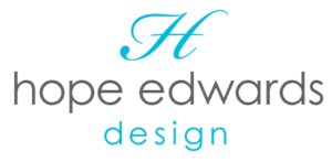 Hope Edwards Design logo with a cursive H and Hope Edwards in gray and Design in turquoise