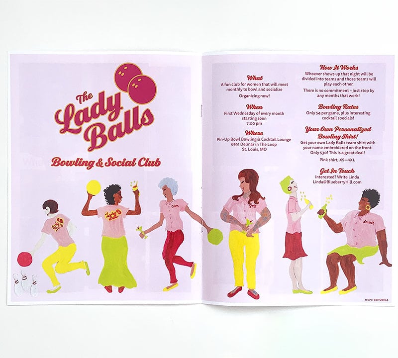 A two-page newsletter spread is open on a white background. The spread has a pink background with hand-painted illustrations of seven different women of all ages and colors laughing and bowling. They are wearing pink bowling shirts with the Lady Balls logo.