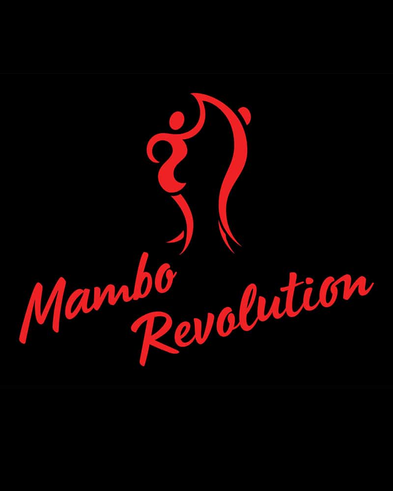 The logo of Mambo Revolution Latin Dance Company with Mambo Revolution in a loose red script. Above that is a stylized illustration of a man and woman dancing with the man spinning the woman. The red shapes are simplified and look like the shape of flames in a fire. There is a black background.