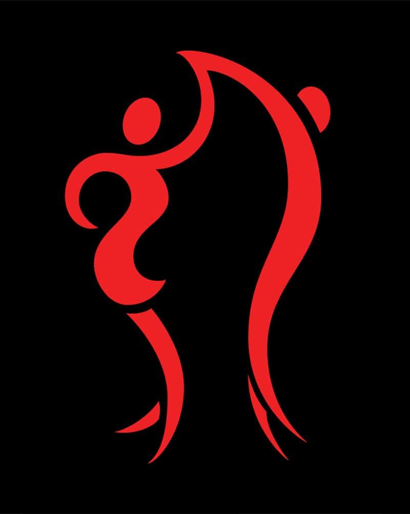 Stylized illustration of a man and woman dancing with the man spinning the woman. The red shapes are simplified and look like the shape of flames in a fire. There is a black background.