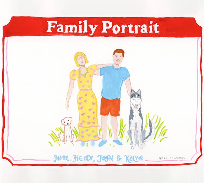 A self-portrait of me wearing a yellow dress standing with my husband in a blue shirt. Next to us are our dogs, a bichon fries and a husky. A large red title at the top reads Family Portrait.