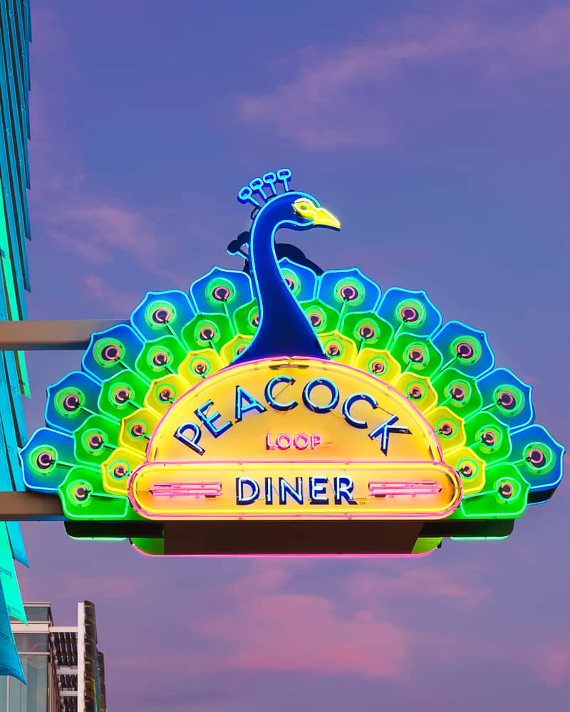 Huge neon sign of a peacock with blue, green, and yellow feathers fanning out behind the slender curved neck. Peacock Loop Diner is in retro neon letters below.
