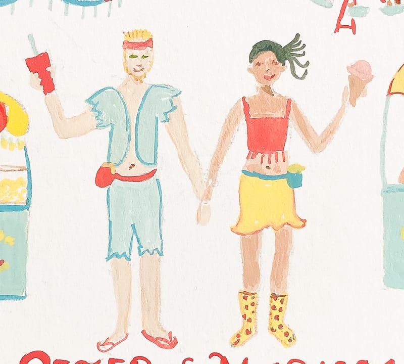 Painting in watercolor and gouache of Peter and Marisa at an amusement park. Peter is wearing a light blue jean vest and Marissa is wearing a coral red tank top with a yellow skirt. They both have fanny packs.