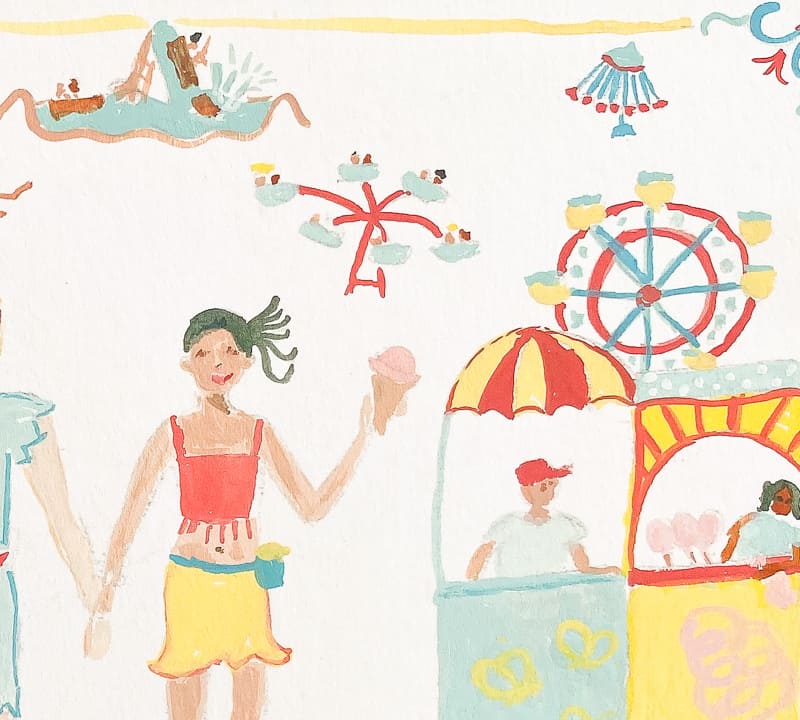 Detail of painting in watercolor and gouache of Peter and Marisa at an amusement park. This is a detail of a log flume water ride, a Ferris wheel, a spinning swings ride, a spider ride, and two snack stands.