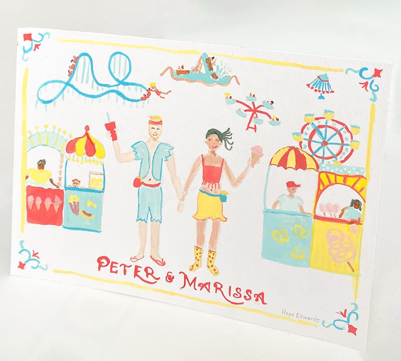 Painting in watercolor and gouache of Peter and Marisa at an amusement park. Peter is wearing a light blue jean vest and Marissa is wearing a coral red tank top with a yellow skirt. They both have fanny packs. There is a roller coaster in the background and some popcorn and hotdog stands.