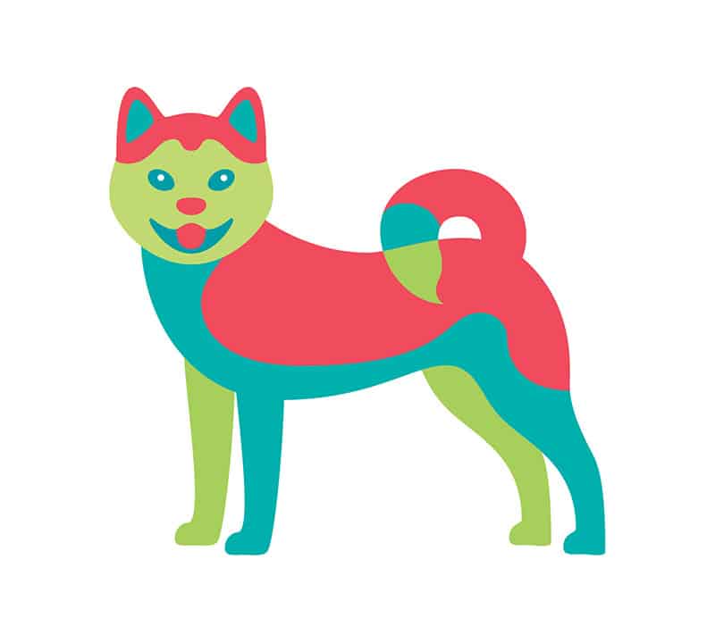 Custom logo for a dog training company featuring a red, turquoise and lime green illustration of an Akita dog.