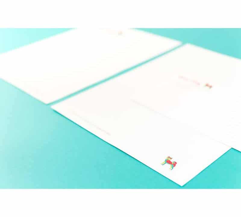 Custom stationery and envelope featuring custom logo for a dog training company featuring a red, turquoise and lime green illustration of an Akita dog.