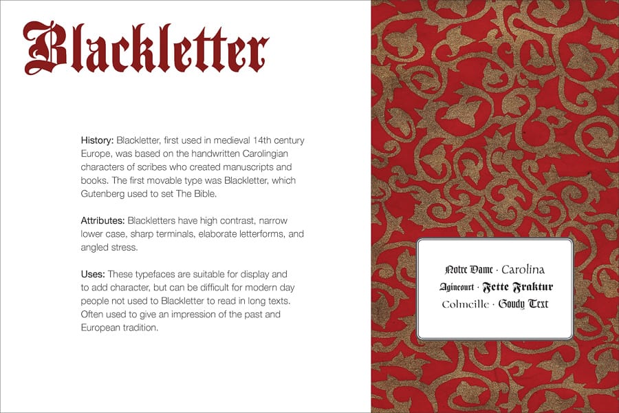 Typeface Classification Card about Blackletter Type discussing history, attributes, and uses