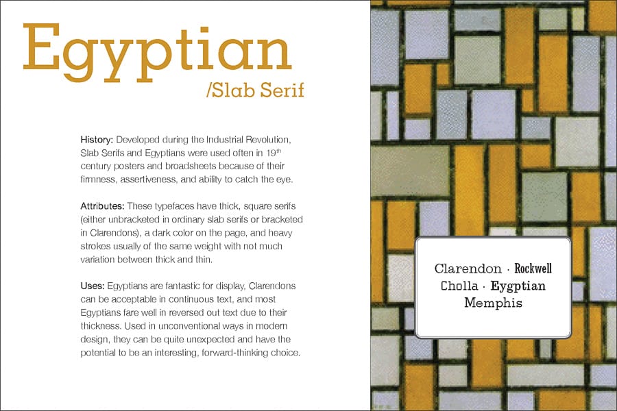 Typeface Classification Card about Egyptian and Slab Serif Type discussing history, attributes, and uses