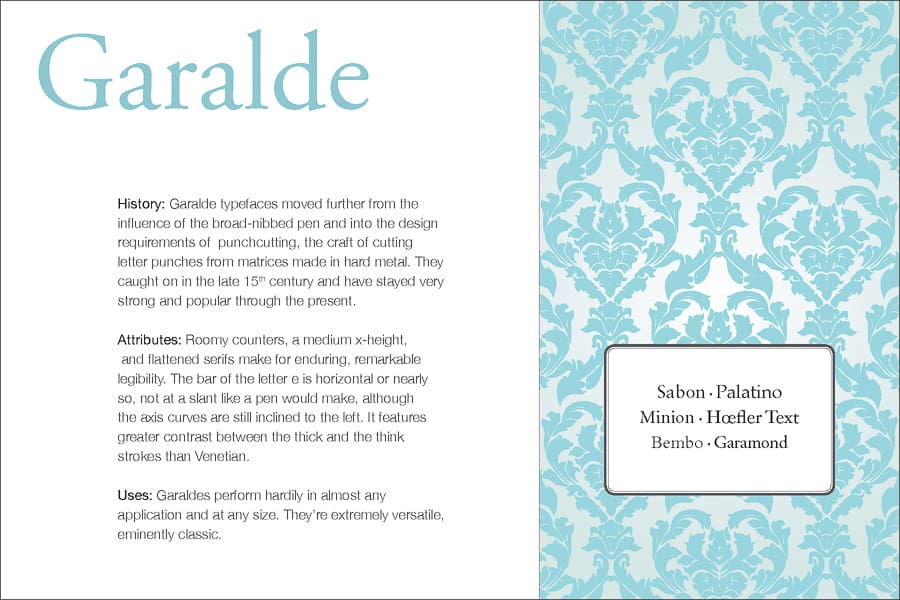 Typeface Classification Card about Garalde Serif Type discussing history, attributes, and uses