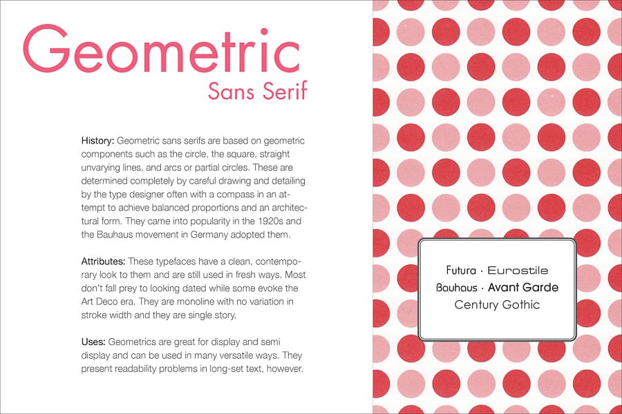 Typeface Classification Card about Geometric Sans Serif Type discussing history, attributes, and uses