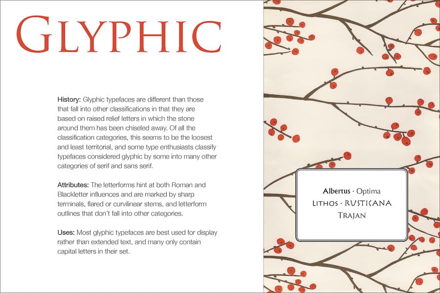 Typeface Classification Card about Glyphic Type discussing history, attributes, and uses