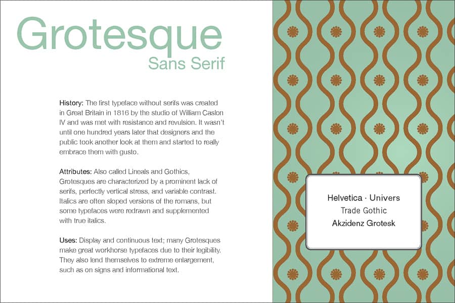 Typeface Classification Card about Grotesque Sans Serif Type discussing history, attributes, and uses