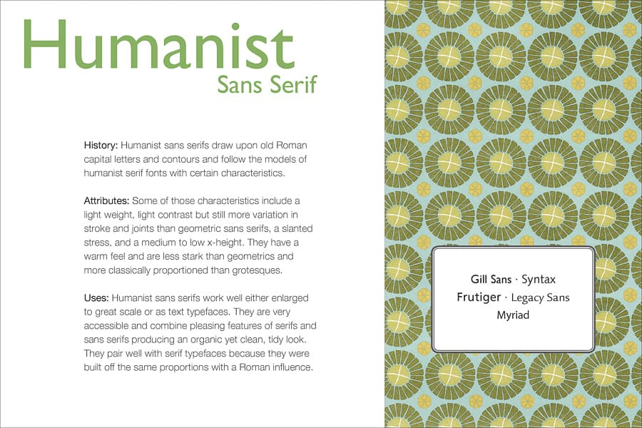 Typeface Classification Card about Humanist Sans Serif Type discussing history, attributes, and uses