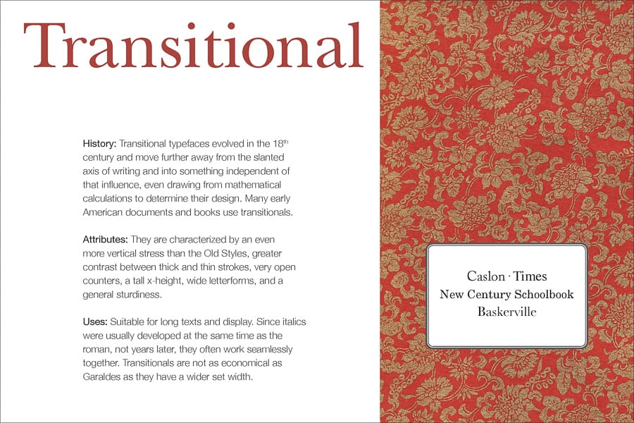 Typeface Classification Card about Transitional Type discussing history, attributes, and uses