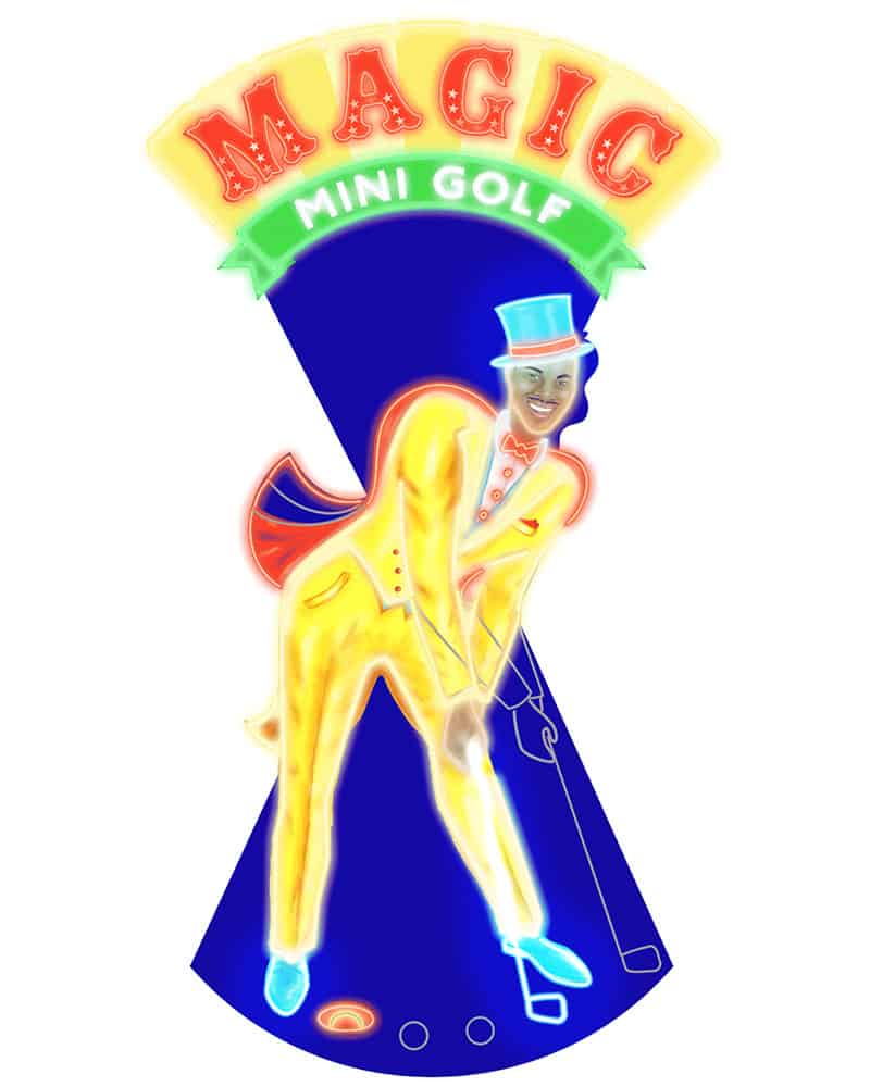 A neon sign with red Western-style letters that read MAGIC on a fanning yellow background and white letters on a green banner that read "Mini Golf". There is a man wearing a yellow tuxedo, blue top hat, and red cape. He is putting a neon golf ball into a hole with a putting club. He's playing miniature golf. It is very bright and colorful.