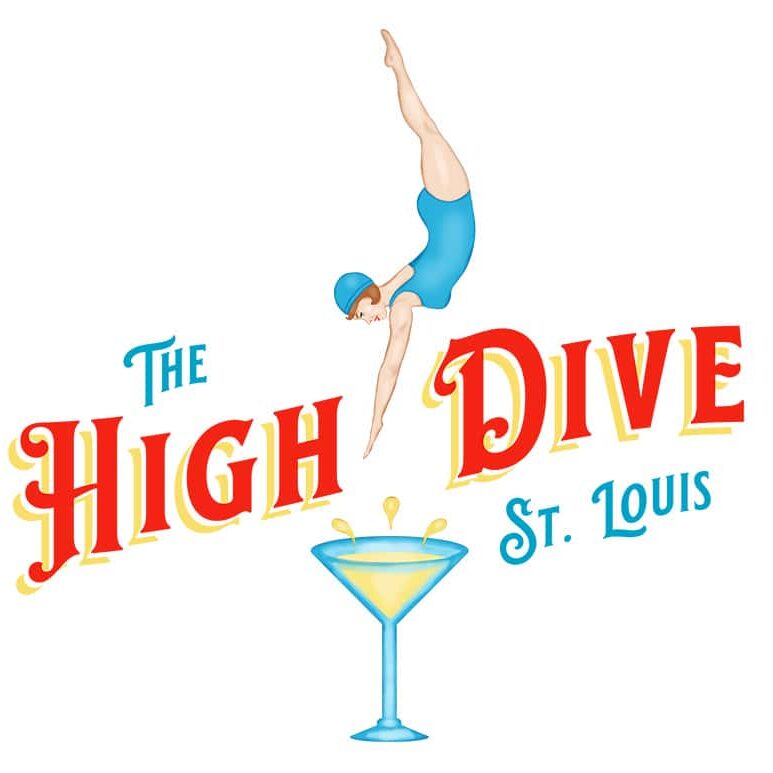 Red, turquoise blue, and warm yellow logo for the High Dive bar that says The High Dive St. Louis and shows a woman in a blue bathing suit and cap diving info a martini glass. High Dive is in red with a yellow drop shadow. The neon is glowing against a brick wall.