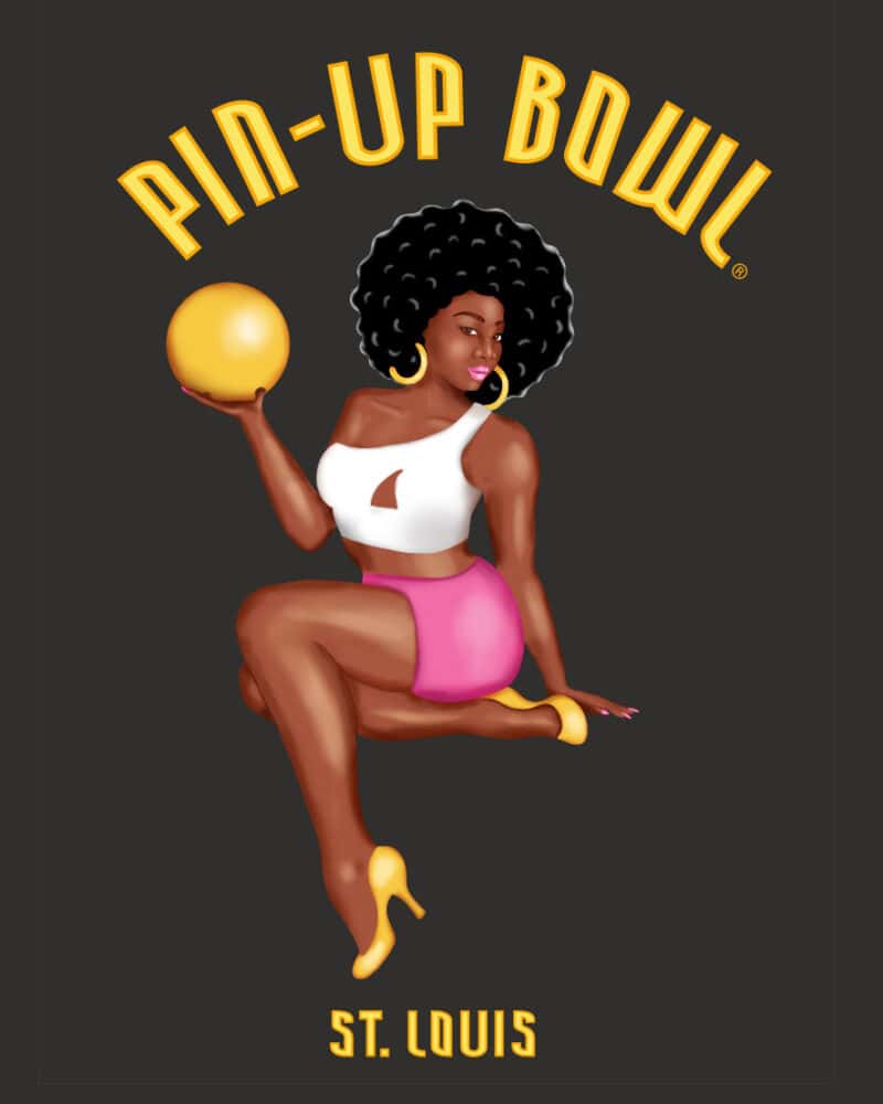 An illustration of a woman in a white shirt and pink skirt and yellow heels holding a yellow bowling ball. At the top in Art-Deco style letters is "Pin-Up Bowl" and at the bottom it says St. Louis in yellow. This is all on a black background.