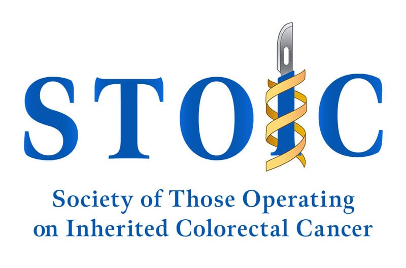Blue logo featuring acronym STOIC for Society of Those Operating on Inherited Colorectal Cancer. The "I" is a surgical knife with a yellow DNA double helix wrapped around it